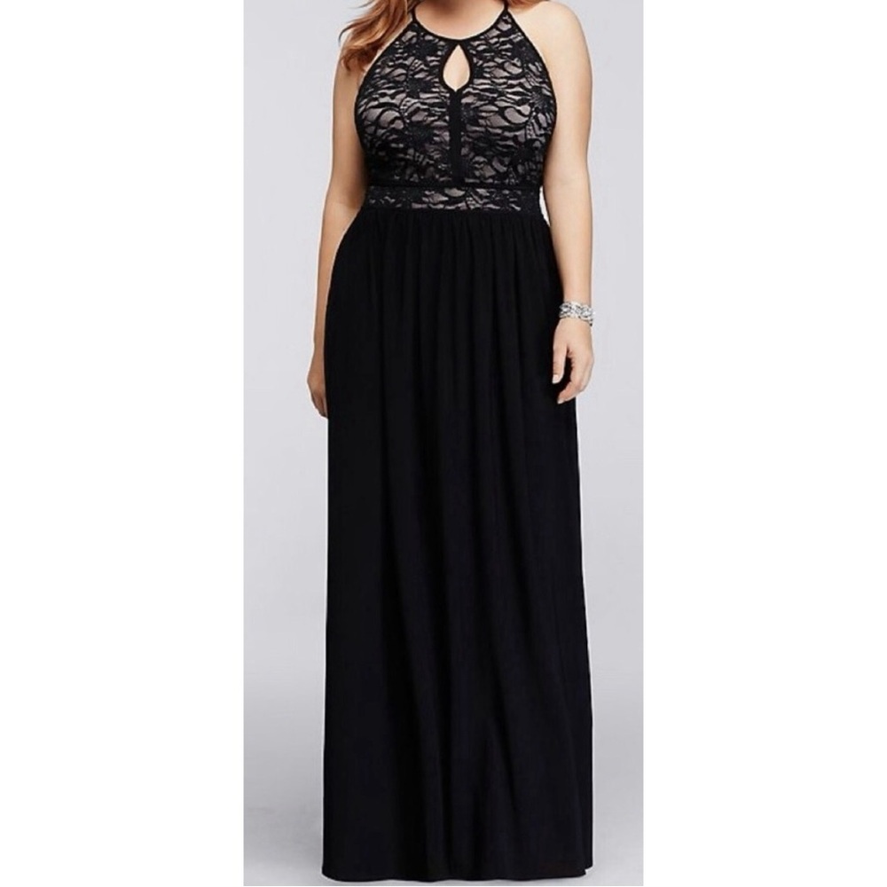 Nightway Navy Lace Keyhole Halter Dress